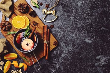 Christmas mulled wine and ingredients. Top view with copy space