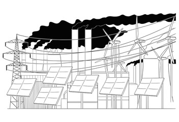 Cartoon drawing conceptual illustration of electrical grid infrastructure elements included coal, solar and wind power plants and high voltage pylon.