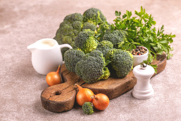 Fresh ingredients for tasty pureed broccoli soup. Healty food