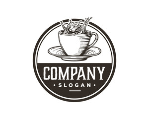 Hand Drawing Vector Fresh Hot Coffee Cup Sign Symbol Vintage Circle Logo Template Design Inspiration