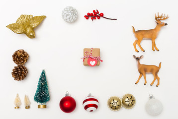 Christmas ornaments with a gift box on a white background