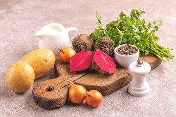 Obraz na płótnie Canvas Fresh ingredients for tasty pureed beetroot soup. Healthy food