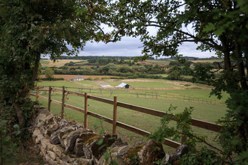 Opening in trees shows rolling English downs and site of ancient ruins amongst farmland