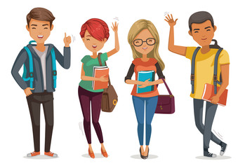 students group smiling and standing together. four people Students first day of college. Cartoon illustrated vector isolated on white background.