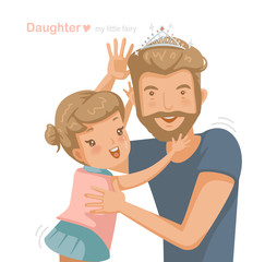 Dad with cute daughter wearing a crown glittering on her father's head for carnival. Handsome young man is surprised at home with his little cute girl. Design a greeting card for Father's, Children.