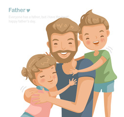 Father son and daughter hugging, Handsome young man playing with children at their home together. Family love affair, care, collateral, insurance and scholarship. Cartoon character used widely. vector