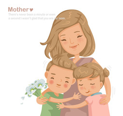 Mother is hugging daughter and son. Get flowers, smile and appreciate with love. Personality character design, message used in various occasions. Mother's Day, birthdays, family care, insurances.