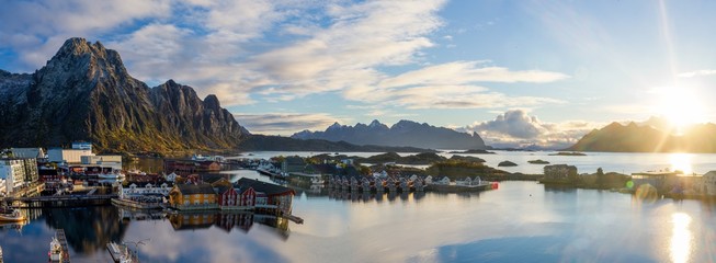 Beautiful sunrise panorama above Svolvaer with mountains in background