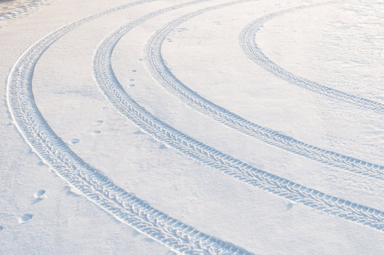 Car Tire Tracks In Fresh Snow.