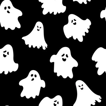 Halloween seamless repeat pattern with white ghost sihouettes with different faces on a black background