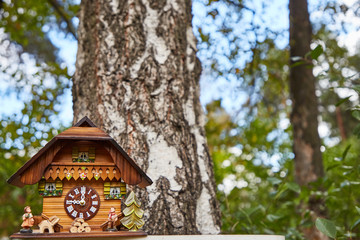 Wooden wall clock in the form of a house hang on a white birch. Background - green bushes. Design element.