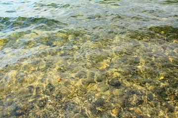 Clean clear water on the lake and the bottom of the stones. Background. Texture.