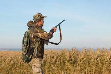 Hunters with a german drathaar and spaniel, pigeon hunting with dogs in reflective vests	