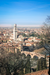 Verona Cathedral and stone bridge aerial view.