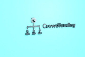 3D illustration of Crowdfunding, blue color and blue text with light-blue background.