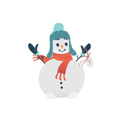Vector cheerful snowman character with snawfalls body, earflap hat at head , scarf and sticks arms. Christmas new year holiday celebration symbol, xmas outdoor kids fun object illustration