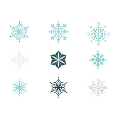 Flat blue snowflake set icon. Winter snow symbol for christmas, new year holidays celebration decoration design. Seasonal ice ornament element, traditional xmas sign. Vector illustration