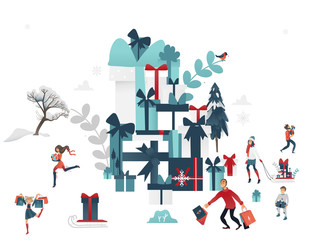 Vector 2019 new year, christmas holiday sale, discount or clearance characters near huge present box pile near winter trees. Happy cheerful men and women, kids running with present boxes shopping bags