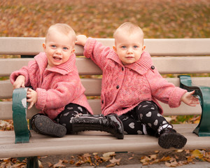 Twins on a Park Bench in Fall