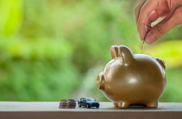 A hand putting a coin in to piggy bank, save money concept.	