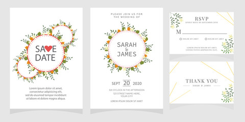 Fototapeta na wymiar wedding card invitation with beauty flowers. Wedding Invitation floral invite Rsvp cute card vector Designs set