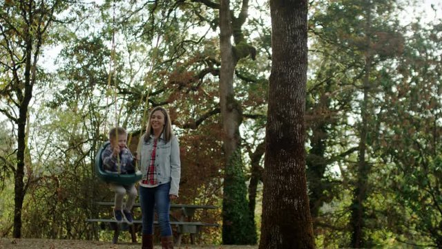 Happy Mom Pushes Her Excited Little Boy In Swing On Beautiful Sunny Fall Day