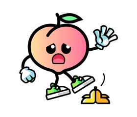 Peach slip on banana peel mascot cartoon illustration