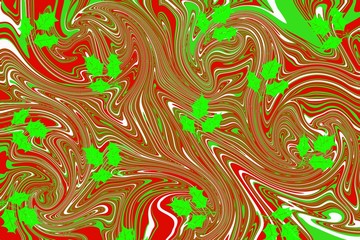 Christmas marbled design with Holly leaves, traditional Turkish Ebru hand marbled endpaper background