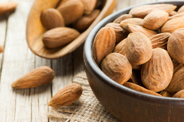 Almonds nuts in dark Brown bowl on rustic vintage wooden table with wooden spoon or scoop. Almond background concept with copy space