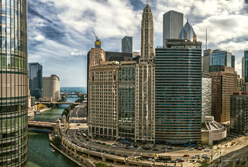 Wacker Drive at Wabash Street. Chicago River and cityscape. Main streets in Chicago, streets in Illinois.