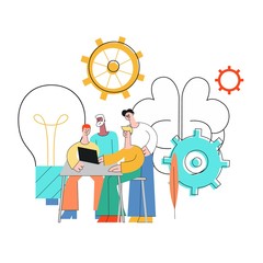 Vector coworking, teambuilding and business communication concept with colleagues, male female office workers, men and woman sitting at table looking at laptop discussing with gears, light bulb around
