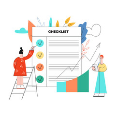 Vector flat colleagues at planning meeting discussing job tasks near huge agile to do list or checklist. Male female business characters making notes standing at ladder at teamwork schedule board