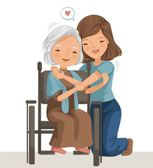 Elderly woman sitting on a wheelchair with daughter. Women are embracing older women.  affectionately. feeling happy of family relationship.Concept of care for the elderly, patients or the disabled.