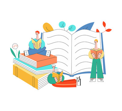 Vector stylized flat men in blue shirt standing, sitting legs crossed, lying reading book with pleasure and smile at face. Male character student holding symbol of education and knowledge