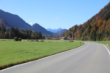 Fototapeta premium Country road and green meadows and colourful autumn forest in Germany 3491
