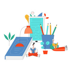Vector illustration of education and reading concept with little young people studying surrounded by big school supplies and books isolated on white background in flat style.