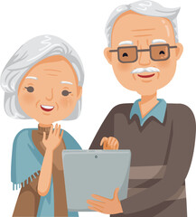 Elderly couple reading. Senior adult  holding tablet reading together. vector illustrations Isolated on white background.