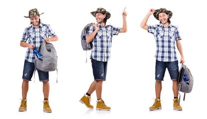 Young traveler with rucksack isolated on white