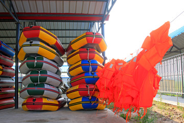 inflatable boats and life jackets heaped in the drifting playground, Xilin gol league, China © junrong
