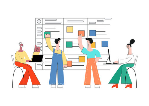 Vector illustration of scrum planning technique of teamwork on software development with flat isolated male and female characters working with laptop and sticking colorful paper on agile board.