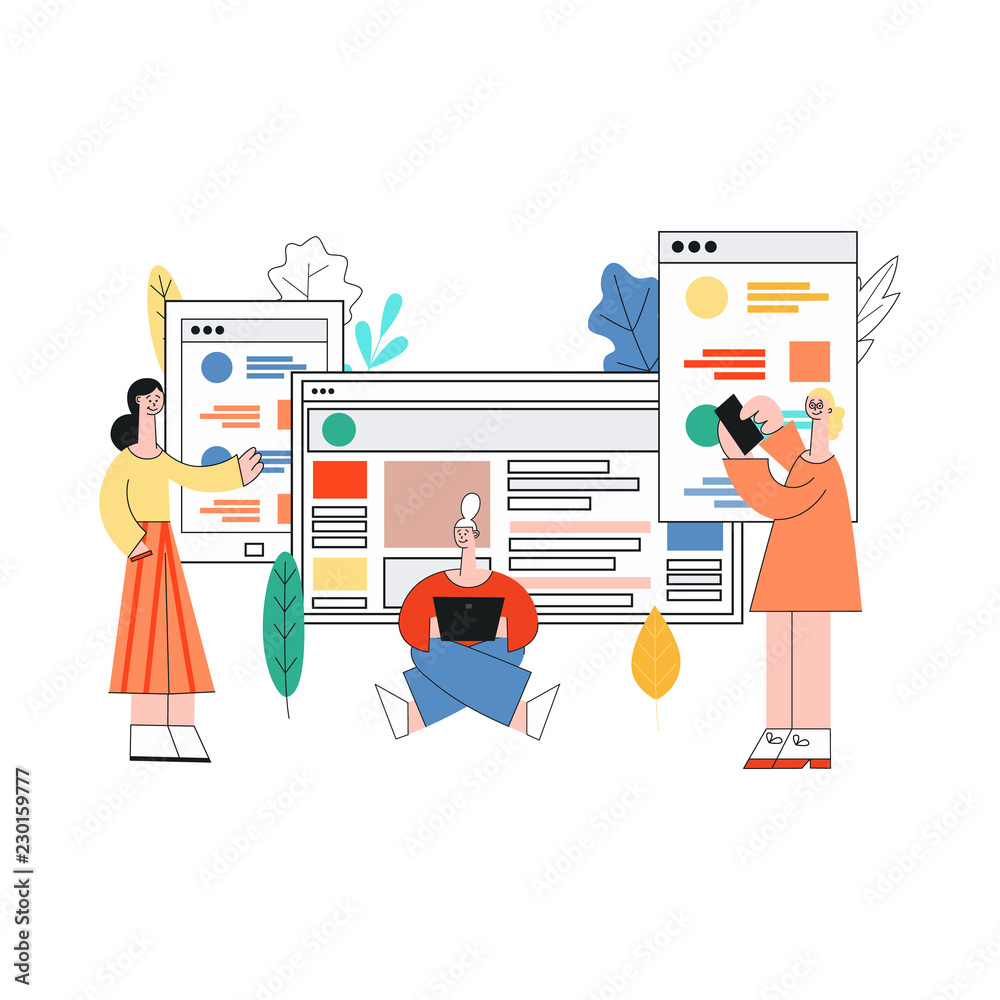 Wall mural vector mobile application development concept with young girl, woman man standing behind smartphone 