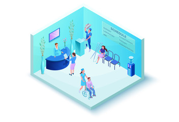 Hospital registry or medical clinic reception, clinical lobby or waiting room with adminisrator, doctor, patient, nurse, 3d isometric illustration with medicine reception, healthcare concept