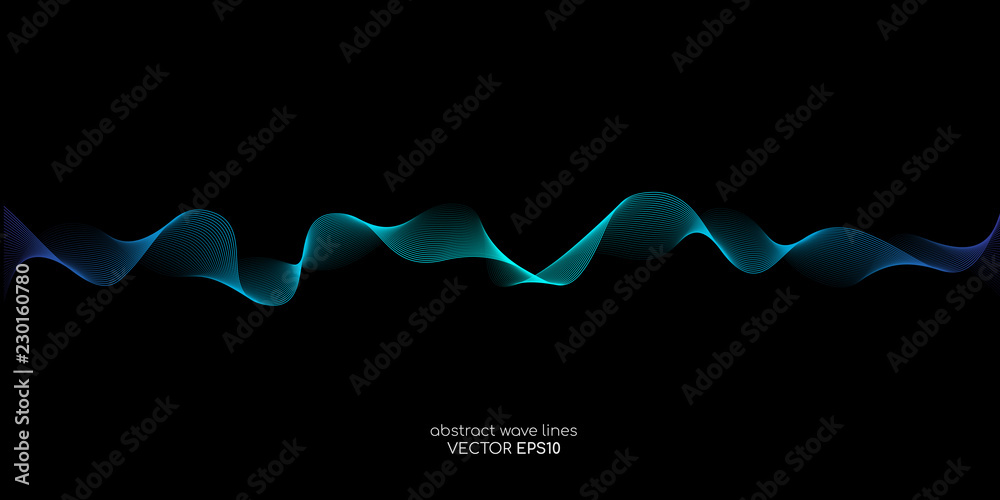 Poster Abstract vector wave lines green and blue colors isolated on black background for design elements in concept technology, modern, science.