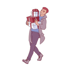 Vector sketch happy man in winter outdoor clothing holding present gift boxes for christmas or new year holiday celebration. Male young hand drawn character with surprise for kids.