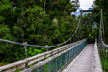 The wooden swing bridge in the green nature.