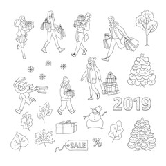 Vector monochrome sketch 2019 new year, christmas holiday sale, discount or clearance symbols, leaves and characters set. Happy cheerful men and women, kids running with present boxes, shopping bags