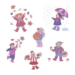 Vector flat funny kids having fun outdoor with autumn weather. Male, female characters, boys and girls playing with falling leaves, collecting mushrooms, walking with umbrella, holding pumpkin
