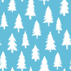 Seamless pattern with white Christmas forest isolated on teal background. Winter trees wallpaper. Doodle style grunge shapes.