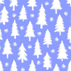 Obraz premium Seamless pattern with white Christmas trees and stylized round snowflakes isolated on blue background. Winter forest wallpaper. Doodle style grunge shapes.