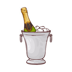 Vector illustration of champagne bottle in ice bucket in sketch style - hand drawn container with festive fizzy drink isolated on white background for congratulation or invitation card.